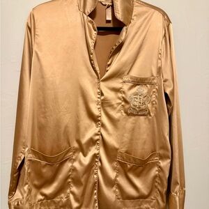 SKIMS Gold Satin Shirt and Pants with Embroidered Crest